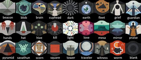 Light - traveler - earth - tower - ghost - darkness - staff - tricolor pyramid - darkness ships - forsaken - eyes - savathun symbol - snake - garden - shit stain - icecream - red square - …. 