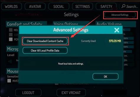 VRChat Clear Cache in Its App. As a VRChat player, you should also know that there is another easy way that can help you clear cache on VRChat. In the game system, open the Settings menu to bring up the application. Then, click the Advanced Settings option in the upper right of the UI. A window will pop up showing you the advanced settings..