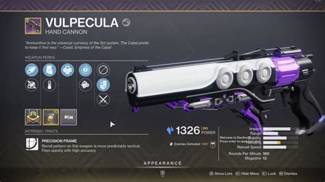 Other Languages. Full stats and details for Vulpecula, a Hand Cannon in Destiny 2. Learn all possible Vulpecula rolls, view popular perks on Vulpecula among the global Destiny 2 community, read Vulpecula reviews, and find your own personal Vulpecula god rolls.. 