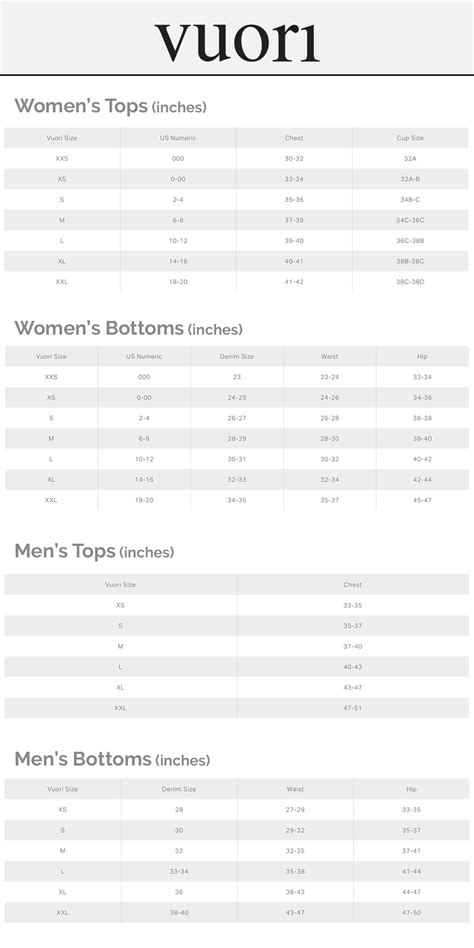 Vuori Size Chart