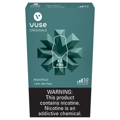 Pack of 4x Vuse Alto Pods. 2.4% Nicotine Salt Juice (24mg) Menthol Flavor. Each Pod Pre-Filled with 1.8ml E-Liquid. Pods for Vuse Alto Vape. Free Shipping over $125. 5-Day Return Policy. Guaranteed Safe and Secure Checkout. . 