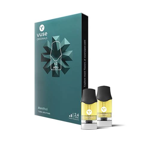 Vuse pods 2 pack. MENTHOL. 1.8% | 2.4% | 5%. A COOL, CRISP MENTHOL FLAVOR EXPERIENCE. This cooling and refreshing flavor experience is menthol as it was meant to be. Available in three nicotine strengths and 1, 2 and 4-pod packs. 