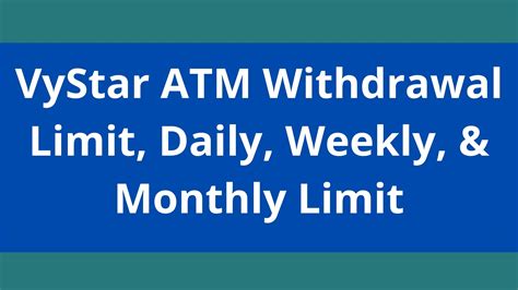 Vystar atm limit. Vystar Credit Union. $560 to $5,000. Wells Fargo. ... For example, some bank accounts allow a higher ATM withdrawal limit, but it comes at the price of a higher monthly maintenance fee or minimum ... 