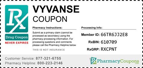 Vyvanse manufacturing coupon. Save on Vyvanse at your pharmacy with the free discount below. Vyvanse is used to treat ADHD in children and adults. The cost for Vyvanse is around $270 for a month's supply depending on the pharmacy you visit. Vyvanse prescription assistance can be difficult to find due to its classification as a stimulant. 