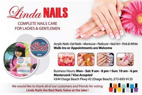 Read what people in Osage Beach are saying about their experience with L.V. Nails at 5740 Osage Beach Pkwy - hours, phone number, address and map. L.V. Nails $$ • Nail Salons 5740 Osage Beach Pkwy, Osage Beach, MO 65065 (573) 348-1691 Reviews for L.V. Nails Add your comment. Oct 2023 ...