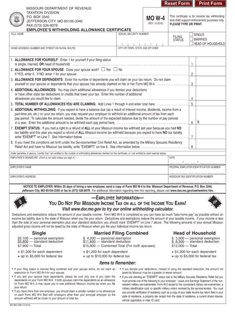 Form MO W-4 (Revised 10-2022) Form. MO W-4. Employee’s Withholding Certificate. Ever served on active duty in the United States Armed Forces? If yes, visit . …. 