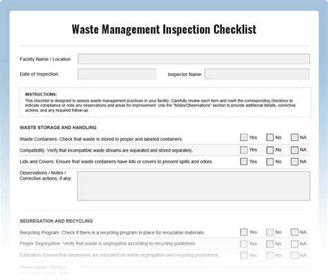 Waste Management Inspection Checklist - Download … - raincitystudios.com