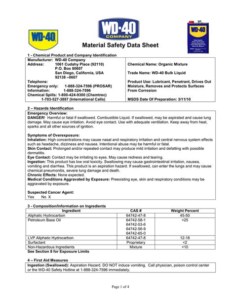 WD40 Product Data Sheets and MSDS