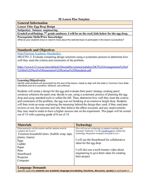 WGU 5E Lesson Plan Template 5E Lesson Plan Template General Information Lesson Title