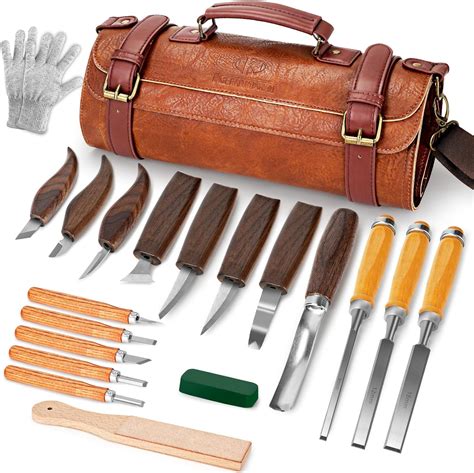 Wood Carving Kit, 20Pcs Wood Carving Tools with Leather Stora - balustradellc