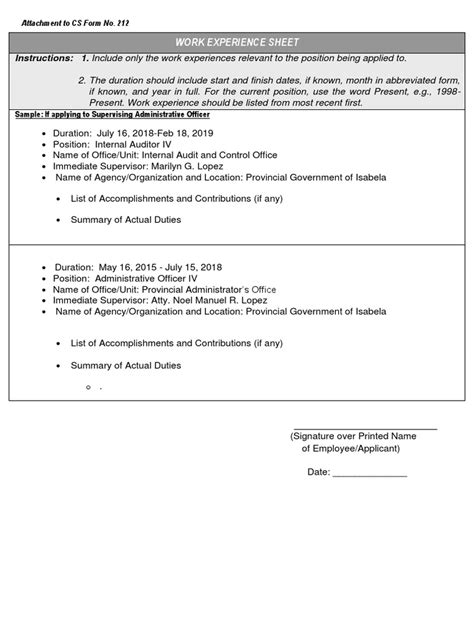 WORK Experience Sheet Form. Attachment to CS Form No. 212
