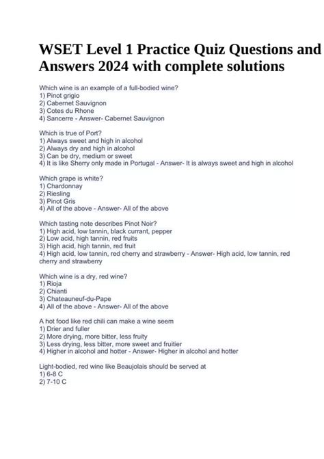 WSET Level 1 Practice Quiz Questions and Answers 2024 with complete