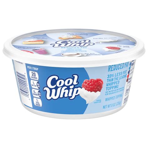 Walgreens cool whip. 1. Ingredients: Cool Whip is a commercially produced whipped topping. Meanwhile, whipped cream is made from heavy cream. Cool Whip typically contains skim milk, milk derivatives, and other ingredients that help it last longer. Whipped cream is made by whipping heavy cream until it reaches a light and fluffy consistency. 