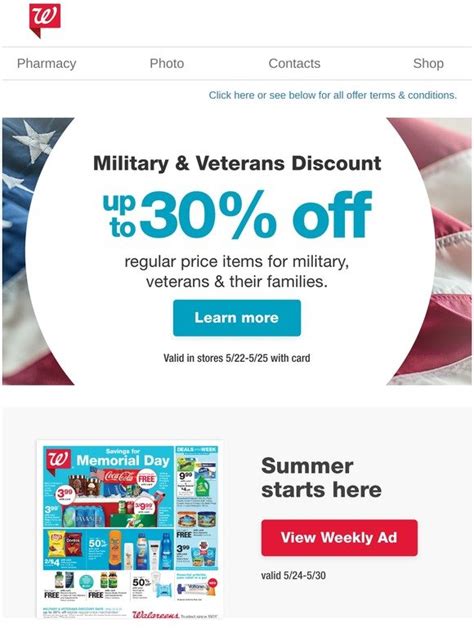 Military & Veterans Discount. Save during myW days October 4-7. Extra 15% off $35 wellness items with code WELL15. Menu. Sign in Create an account. Find a Store. Prescriptions. Back. Prescriptions. . 