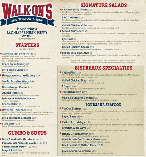 Walk ons menu denham springs. Program Benefits. Every $1 spent = 1 point towards free items, discounts & exclusive VIP perks. Free Order of Mozzarella Logs when you join. Free order of Beignets for your Birthday. Free Starters & more starting at 250 points. Exclusive access to tickets, events & merch. Bigger, better & never-ending rewards as you spend more. 