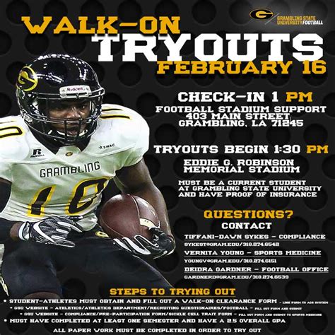 Walk-on football tryouts near me. Availability: Associate Head Coach Doug Belk (9/26/23) Current University of Houston students who are interested in walking onto the Football program can attend walk-on tryouts on Monday, Aug. 21 at 7:30 a.m. Check-in will begin at 7 a.m. You will receive an email the morning of tryouts whether or not you have met all requirements to participate. 
