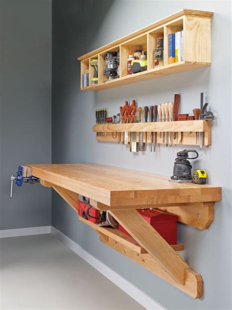 Wall mounted workbench. Description Organize your garage with our folding hanging workbench! Our folding wall-mounted workbench combines a pegboard and a workbench in one with a clever design that allows you to store tools and work at the same time. The holes on our pegboard provide ample storage space for your tools, so you can take the tools you need within easy reach. 