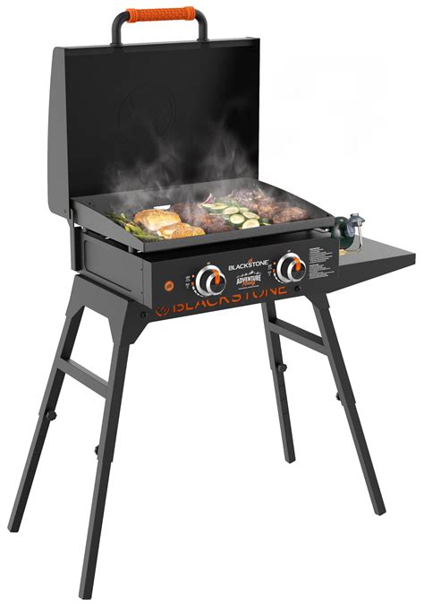 Product details. Stop manhandling those heavy, bulky backyard grills and become the ultimate grill master with Blackstone 22"" portable griddle. It's small, compact and designed to get you cooking anywhere. Featuring two powerful ""H"" style burners, this steel griddle can be taken camping, tailgating or even cookouts.
