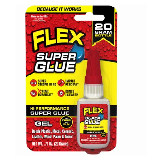 Walmart flex. Flex Super Glue Liquid 2 x 3 Tube. Flex Super Glue, from the Flex Seal Family of Products, is a high-performance, instant adhesive that bonds in seconds. It dries crystal clear to form a super strong, impact resistant bond that can be used on almost any material. It's perfect for quick repairs of plastic, metal, ceramic and more. 
