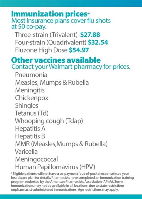 Walmart immunizations prices. Access a variety of immunizations, from the COVID-19 vaccine to the to the flu shot & more. Schedule a time that works best for you or stop in at your convenience. Book up to three people under one appointment. *$0 copay with most insurances. State, age & health restrictions may apply. 