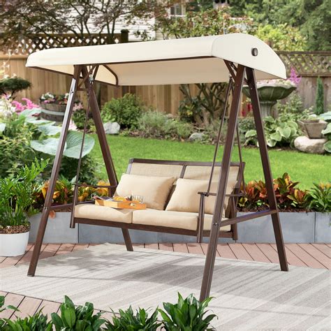 Walmart patio swing. 3 Person Outdoor Patio Swing Seat with Adjustable Canopy, All Weather Resistant Hammock Swing Chair W/ Removable Cushions, High Load-Bearing Sunshade Swing for Patio Garden Pool Balcony, T801 20 4.5 out of 5 Stars. 20 reviews 