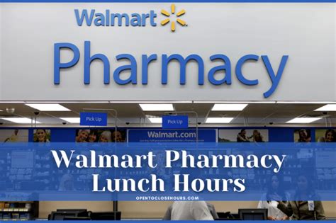 Walmart pharmacy closed for lunch. Read More On Walmart. On Saturday, it opens at 9 am and closes at 7 pm. However, hours of operation can vary by location. Customers should contact their local Walmart Pharmacy to inquire about its hours of operation prior to visiting the store. 