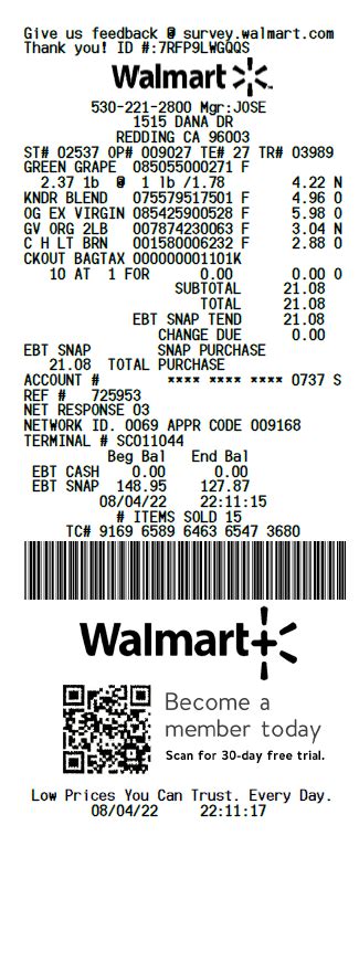 The Walmart receipt templatehas been carefully designed to match Walmart receipts. The receipt font used in this template is an exact replica of the thermal printer used at Walmart stores. Anatomy of a Walmart receipt The receipt header information on Walmart receipts varies from store to store.. 