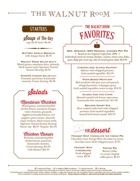 Walnut room menu. Reserve a table at Walnut Room, Chicago on Tripadvisor: See 597 unbiased reviews of Walnut Room, rated 4 of 5 on Tripadvisor and ranked #310 of 9,543 restaurants in Chicago. 