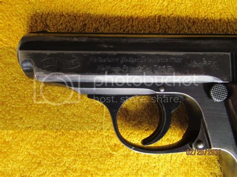 Walther ppk serial number manufacture dates. Walther's Patent Cal 7,65 m/m. Mod. PPK. Finish: high polished Finish, blued: Grips: one piece chequered Bakelit with Walther-banner, brown: Serial number: 6-digits number with suffix "K" right on frame. 3-digits scratched inside of slide. Acceptance stamp: E/359 left on frame. E/359 left on slide: Test proof stamp: E/N right on chamber 