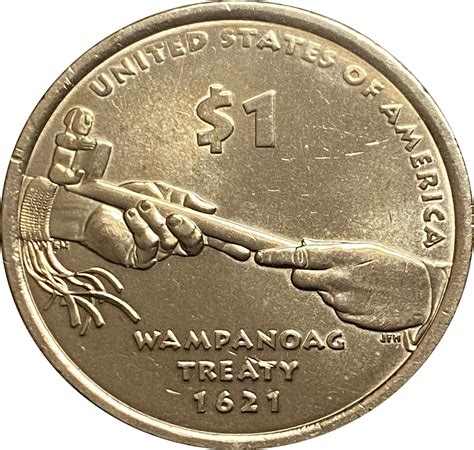 The 2011 Native American Dollar Coin reverse commemorates the Great Wampanoag Nation and the creation of an alliance with settlers at Plymouth Bay in 1621 and features the hands of the Supreme Sachem Ousamequin Massasoit and Governor John Carver, symbolically offering the ceremonial peace pipe after the initiation of the first formal written .... 