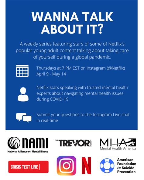 Wannatalkaboutit - Apr 8, 2020 · Netflix & Instagram have partnered on Wanna Talk About It?, a live series where every week one star (Lana Condor, Joey King, Alisha Boe, Caleb McLaughlin, Jerry Harris, Ross Butler, Noah Centineo) talks with a mental health expert about self care during a global pandemic. 