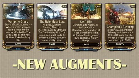 Warframe augment. Give your Warframes a boost with new Augment Mods! Excalibur: Chromatic Blade - Exalted Blade's damage type changes depending on energy color and status chance is … 