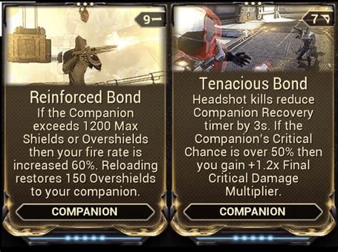 Warframe bond mods. Bite is a Companion mod that increases the critical chance & critical multiplier of Kubrows and Kavats. Sourced from the official drop table repository. See Module:DropTables/data to edit on the wiki. At full rank, this mod will increase critical chance and critical multiplier as follows; With all Kubrow breeds (including the Helminth Charger and Predasites), Critical … 