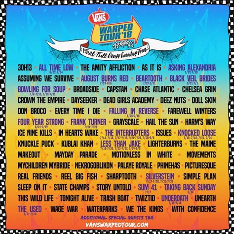 Warp tour. Warped Tour has announced its 2018 lineup. The tour’s final cross-country run includes several bands that have performed over the tour’s past 24 years, including All Time Low, Simple Plan, Sum ... 