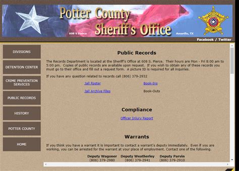 Potter County Jail Information. Potter County Jail is located in Potter County, Texas. The jail can hold 576 inmates. The physical location of the Potter County Jail is: Potter County Jail 13103 NE 29th Amarillo, Texas 79111 Phone: (806) 379-2943 Email: sosnw@co.potter.tx.us. Visitations Hours at Potter County Jail: Tuesday, 6:30 p.m. – 9:30 p.m. . 