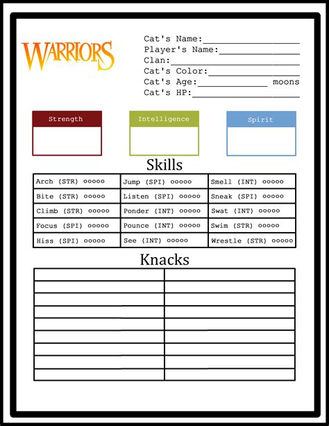 Warrior Cats Adventure Game Character Sheet