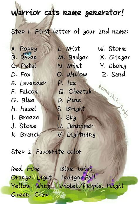 Fantasy Warrior Cat Names, Generate Warrior Cat names randomly, Each name has its meaning for your reference. Such as Cinderstream means A Gray And White Tabby With A Swift And Steady Flow, Represents Determination. Stormfeather means A Blue-Gray Cat With Sharp Claws And Agility, Represents Courage.. You can choose the name you like best to use.