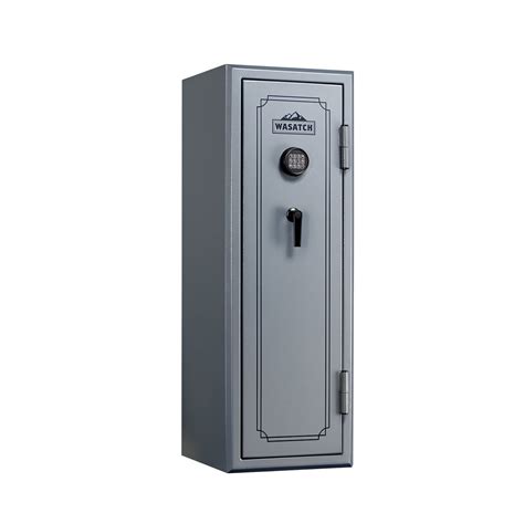 Wasatch 18 gun fire and waterproof safe with electronic lock. 64 gun fire and water safe; 2mm steel construction; Fire Rating: 1400°F for 30 minutes; Waterproof for 72 hours in 2 feet of standing water; Electronic lock with Alarm-U function and back up key; 1.5” live action locking bolts; Recessed door and tapered bolts for pry resistance; External hinge for full 180° opening; Door storage factory ... 
