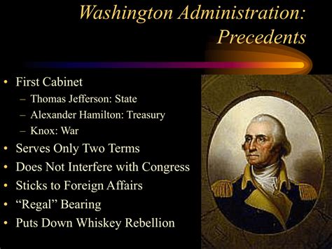 Washington's precedents. How did Washington establish the precedent of a Presidential Cabinet? 7.What were three precedents set by Washington's administration? 