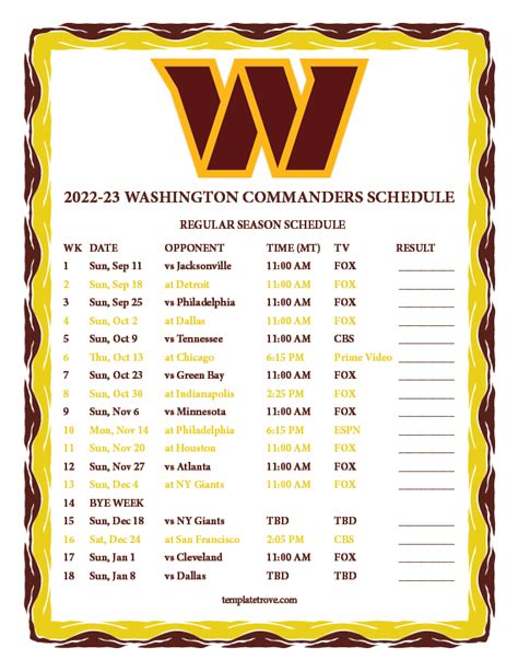 Washington Commanders Printable Schedule