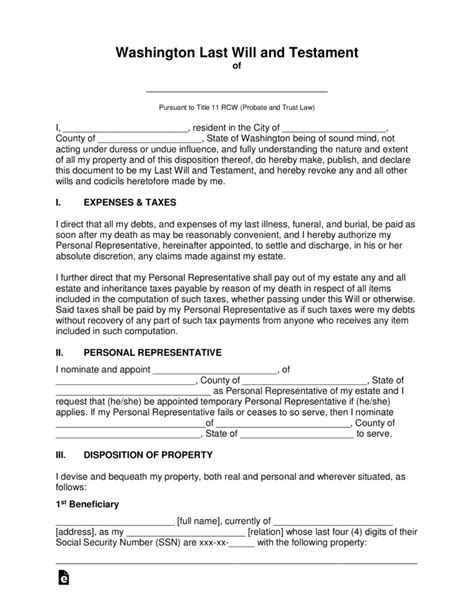 Washington Last Will And Testament Template in GDocsLink, MS Word