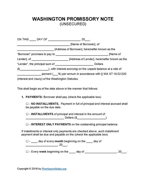 Washington Unsecured Promissory Note Template Promissory Notes