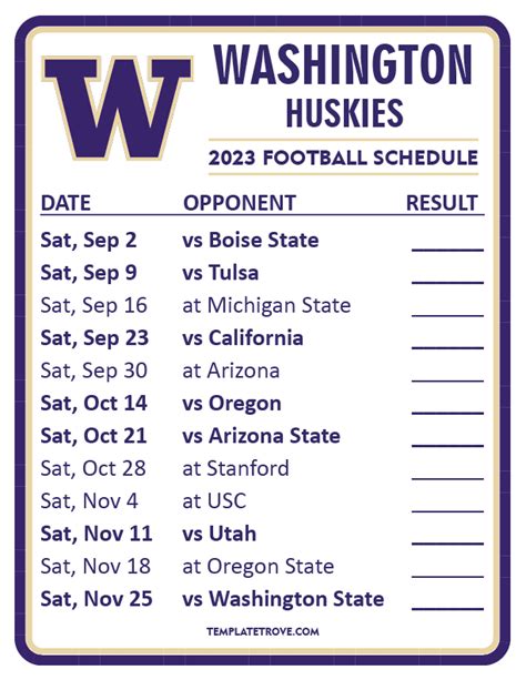 This is a great resource to get current Huskies football schedules, past schedules, future schedules, tickets, merchandise and much more. ... In addition, you can see the latest Washington Huskies football facts including stadium info, conference, head coach, fight song, rivals, mascot and much more. Check it all out below: 2023 Washington ...
