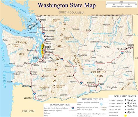Large detailed tourist map of Washington with cities and towns. This map shows cities, towns, counties, railroads, interstate highways, U.S. highways, state highways, main roads, secondary roads, …. 