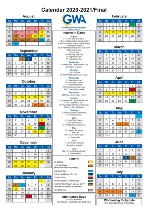Washulaw Academic Calendar
