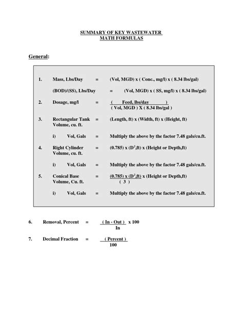 Wastewater Math Formula Sheet PDF Environmental Engineering