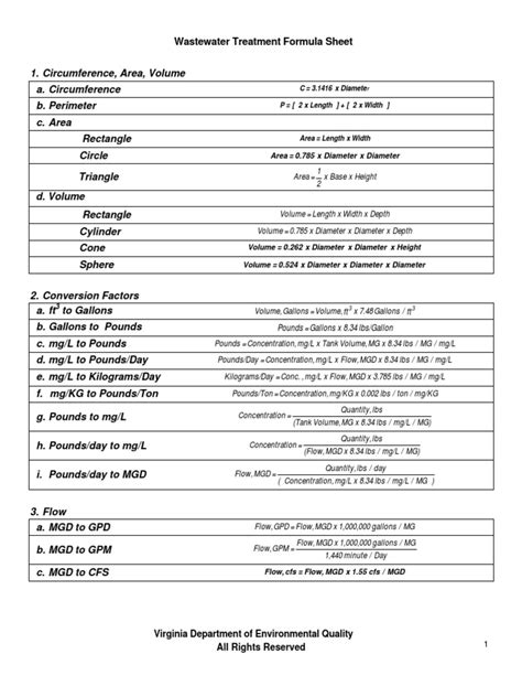 Wastewater Math Formula Sheet Titration Horsepower