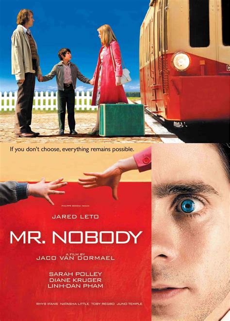 In the year 2092, Nemo Nobody (Leto) is 118 years old and the last mortal on Earth after the human race has achieved immortality. The world watches in fascination as he edges toward death. As he attempts to recollect his history - which unfurls in a non-linear, many-worlds narrative - Mr. Nobody explores the alternate life paths he could have lived.. 