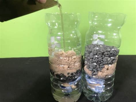 Water filtration experiment observation.  Using a recycled plastic bottle and ...