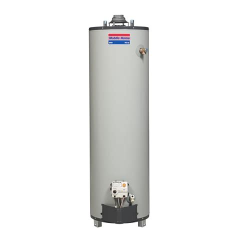 Water heater for mobile home. Rheem. Performance Manufactured Housing 40 Gal. Tall 6-Year 30,000 BTU Convertible Natural Gas/LP Direct Vent Tank Water Heater 